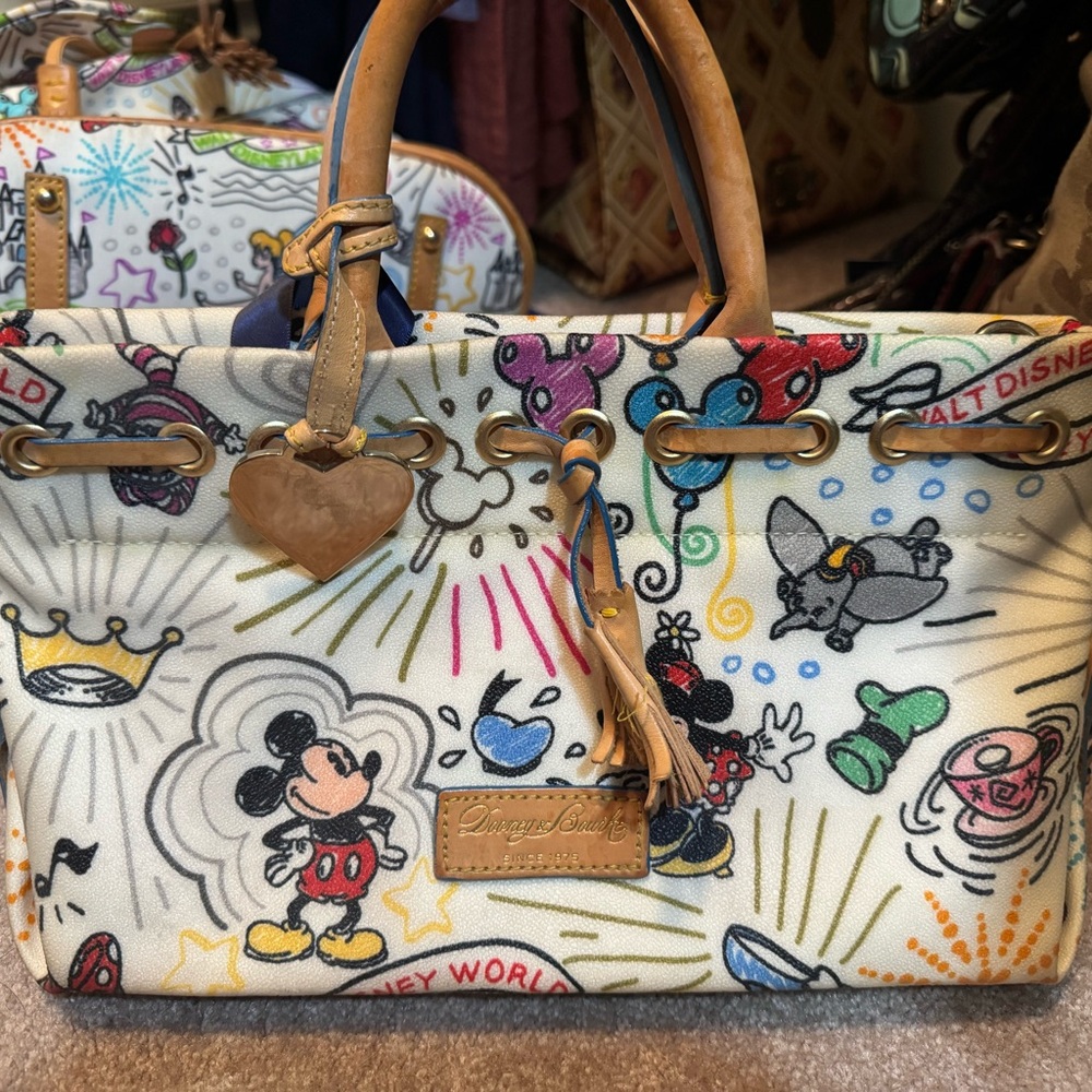 Dooney & Bourke White Multi Disney Canvas Satchel with Leather Trim